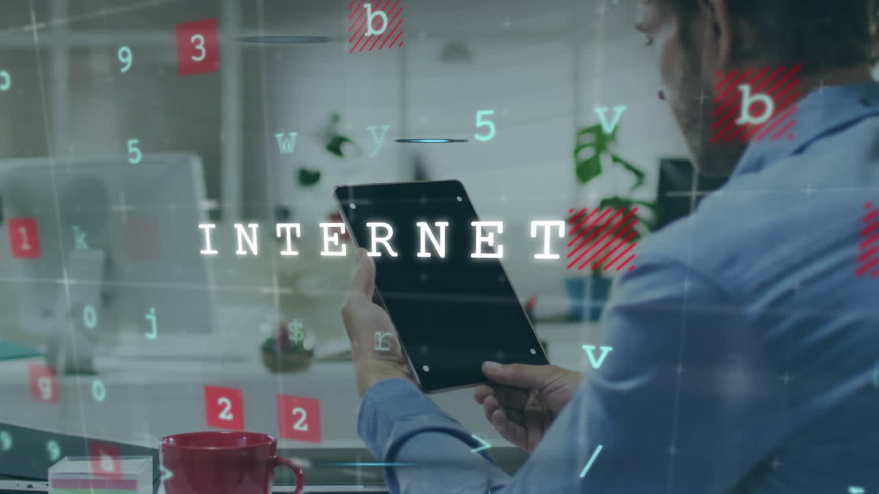 태블릿을 사용하여 데이터 처리 및 텍스트를 사람의 위에 애니메이션