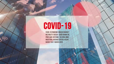 Animation-Eines-Weißen-Rahmens-Mit-Covid-19-Text-Darin-über-Datenverarbeitung-Und-Stadtbild-Im-Hintergrund