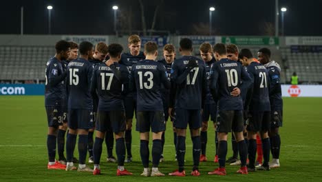 team strategy session: players gather for a briefing before the match, focusing on tactics and team spirit under the stadium lights