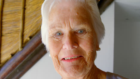 close-up of caucasian senior woman looking at camera in a comfortable home 4k