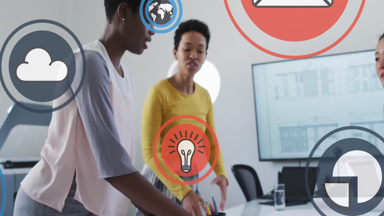 Animation of icons and connections over diverse business people in office