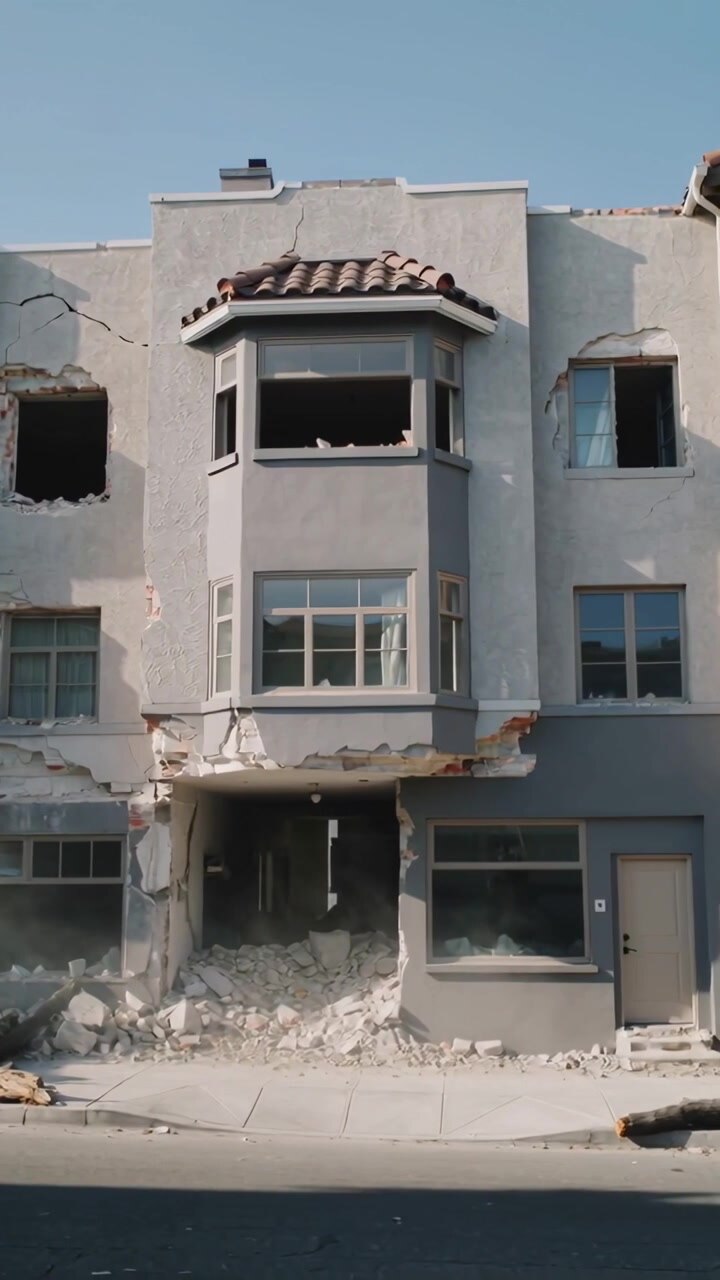 Video verticale: Mostrando una casa a schiera danneggiata di 3 piani dopo il crollo di un muro sulla strada, con detriti che si riversano.