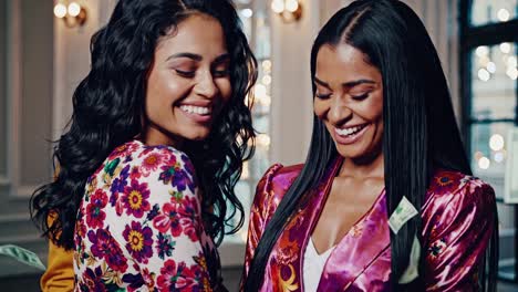 three joyful, elegant women celebrating their success by throwing money into the air, laughing together in a lavish room filled with excitement and prosperity