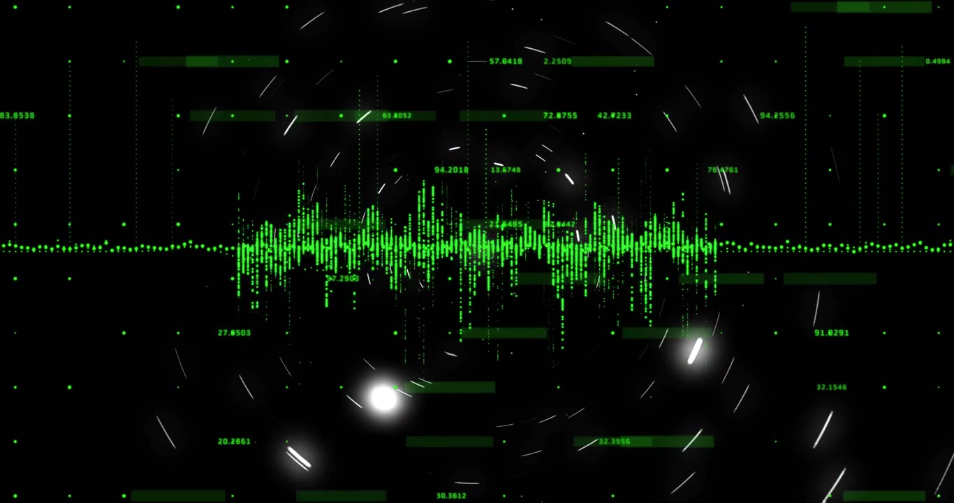 Starting green waveform pulsing across black, blocks and particles drifting, rings rotating for UI