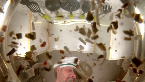 el chef prepara caldo de verduras, el chef añade especias a la sopa, la vista desde la sartén en cámara lenta.