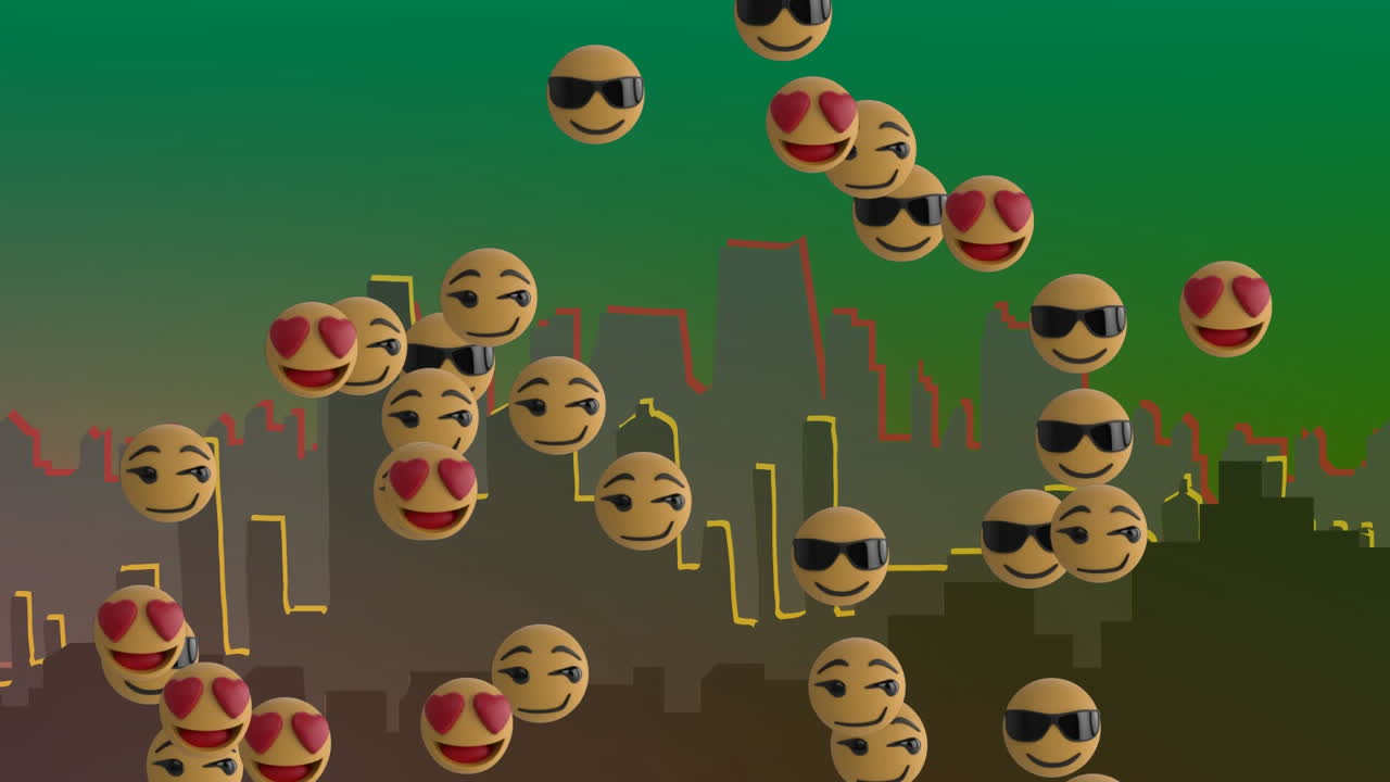 초록색 배경에 도시 풍경 위에 여러 이모지 아이콘의 애니메이션