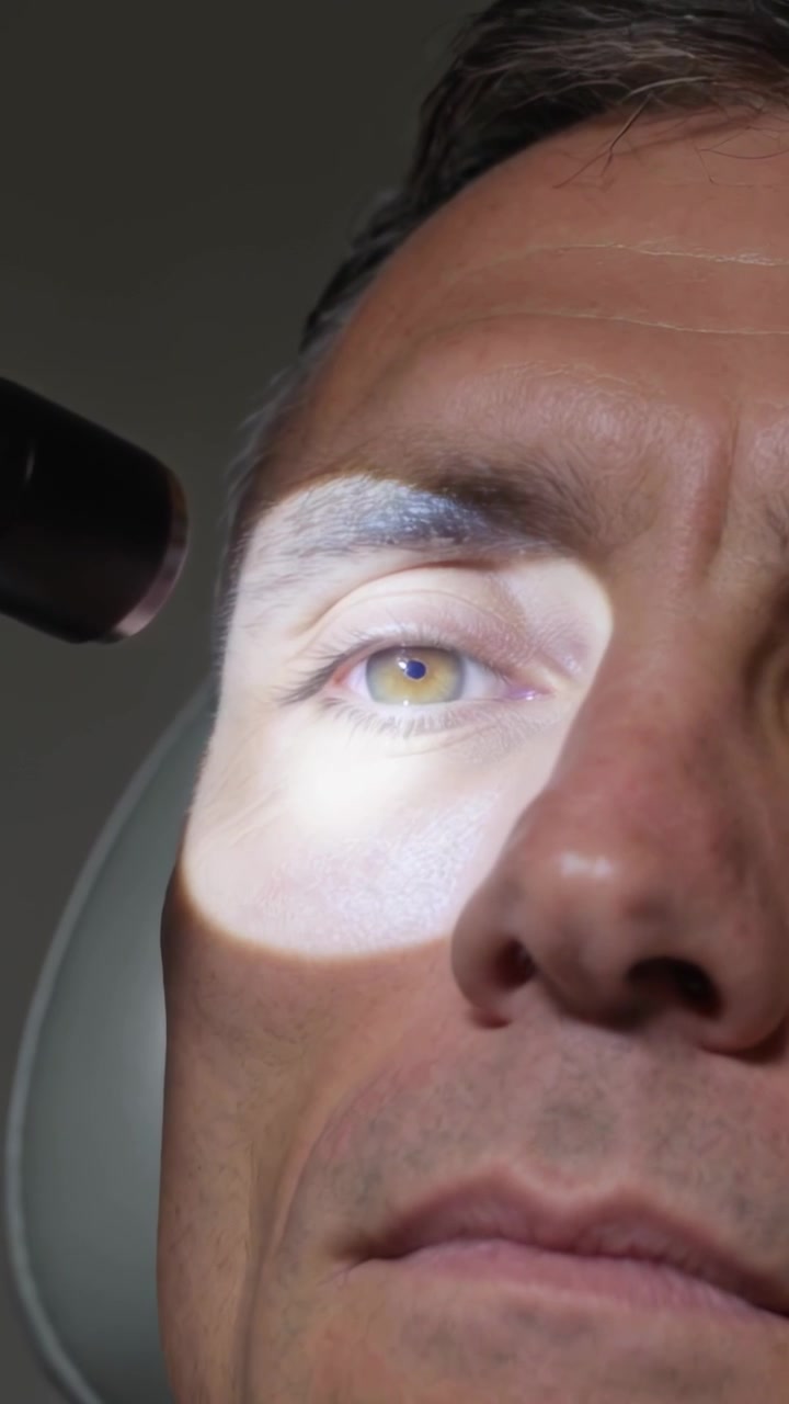 Vertical video: Shining gloved clinician moving light toward patient in exam chair, inspecting iris