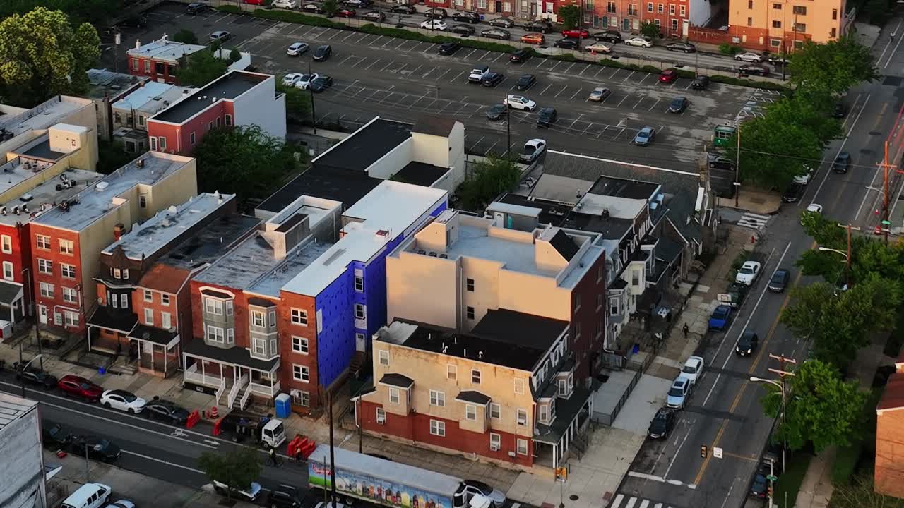 Aerial view of a bustling neighborhood in Philadelphia, USA