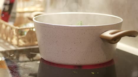 close-up of a white pot steaming on an electric stove