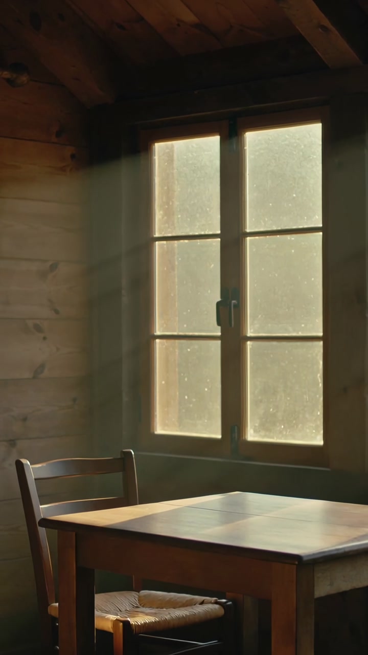 Vertical video: Sliding beam from six-pane window across table, woven chair in cabin dust drifting