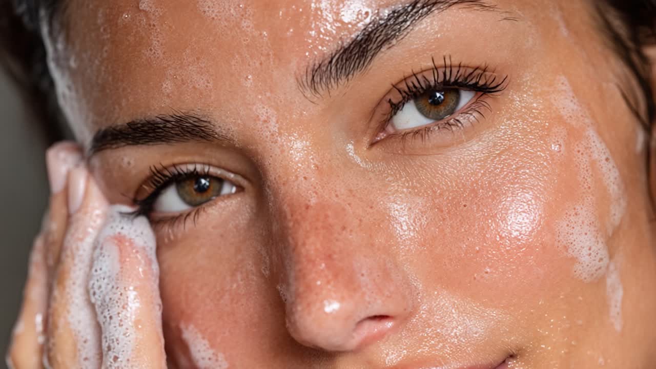 A Close-up of a Woman's Face While Cleansing Her Skin with Foamy Cleanser, Demonstrating a Refreshing Skincare Routine and Glowing Complexion