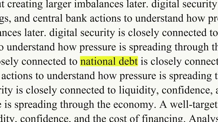 The phrase national debt is highlighted in yellow as black serif paragraphs change, with text about credit, spending and fiscal discipline on a white background.