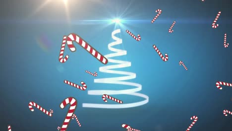 Animation-Eines-Weihnachtsbaums-Mit-Weißem-Band-Und-Fallenden-Zuckerstangen