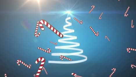 Animation-of-christmas-tree-formed-with-white-ribbon-and-candy-canes-falling