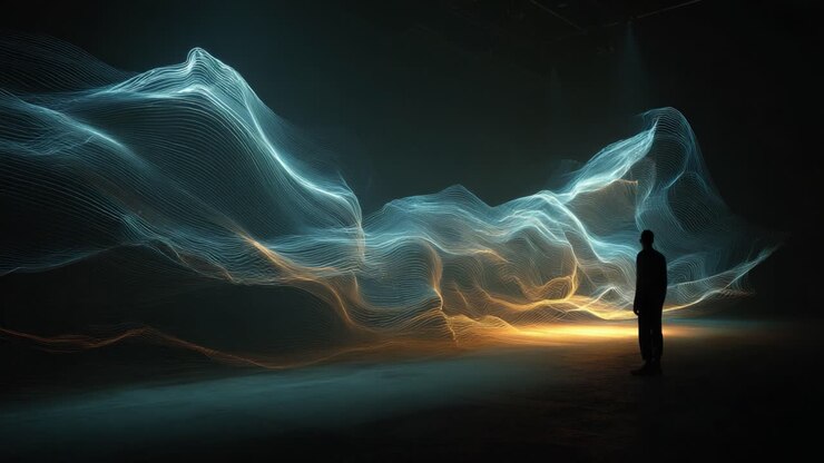 An Ethereal Encounter with Fluid Light Waves: A Figure Confronts Dynamic Visuals of Light and Color in an Immersive Art Installation, Exploring the Dance Between Shadows and Glow