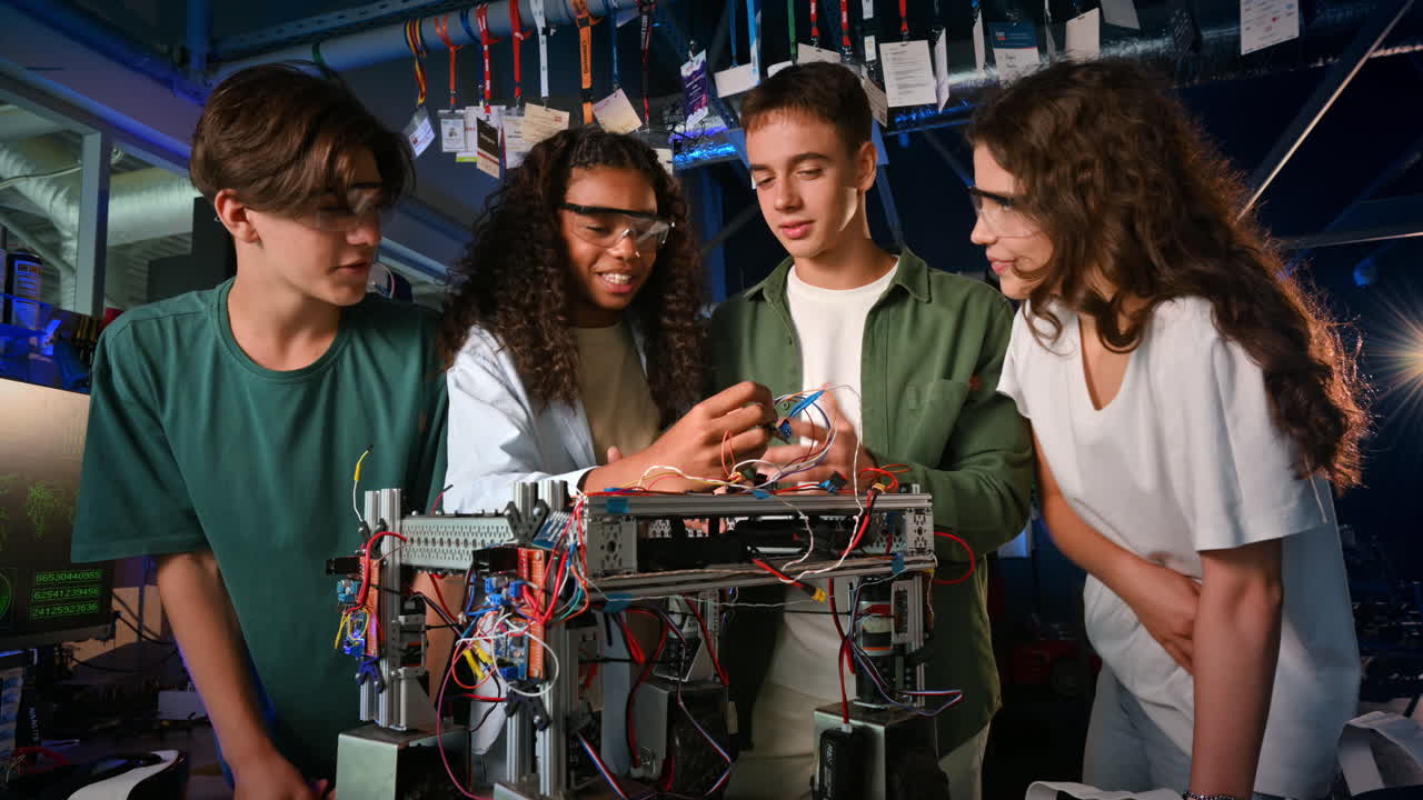 Group of young people doing experiments in robotics in a laboratory. Robot on the table