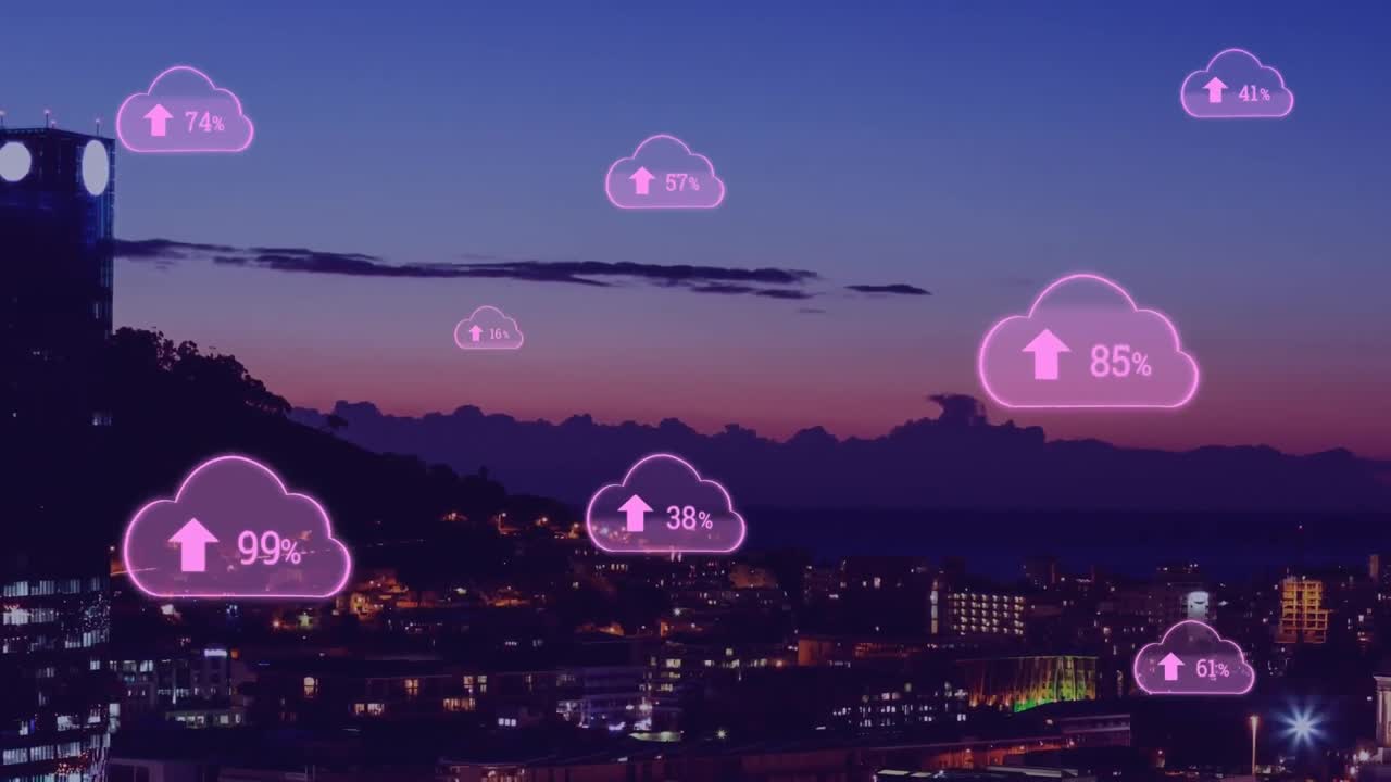백분율과 도시를 배경으로 한 구름 아이콘의 애니메이션