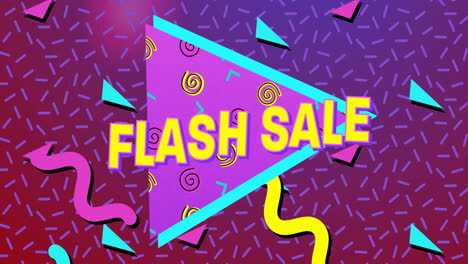 animación de texto de venta flash sobre formas y patrones geométricos coloridos
