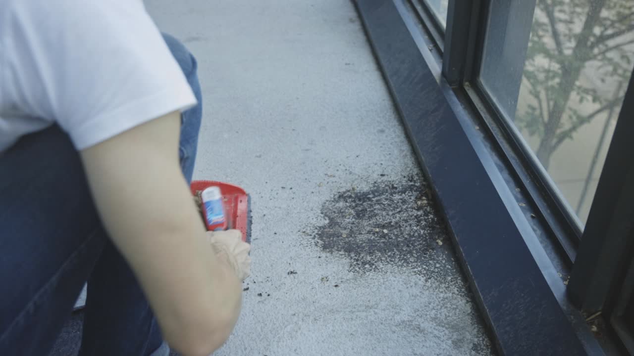 바닥 을 청소 하기 위해  ⁇ 자루 와 먼지  ⁇ 자루 를 사용하는 사람 - 가까운 사진