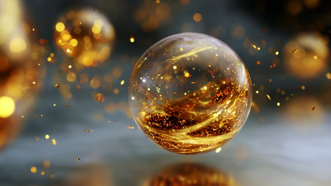 A Glimmering Sphere of Radiant Gold Dust Suspended in Mid-Air, Glowing and Shimmering with Multicolored Particles, Creating a Stunning Visual Display of Light and Texture Against a Soft Background