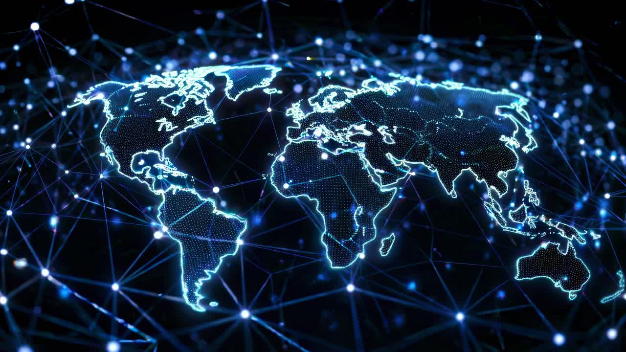 Futuristic digital world map with glowing lines and nodes, viewed from a high-angle perspective