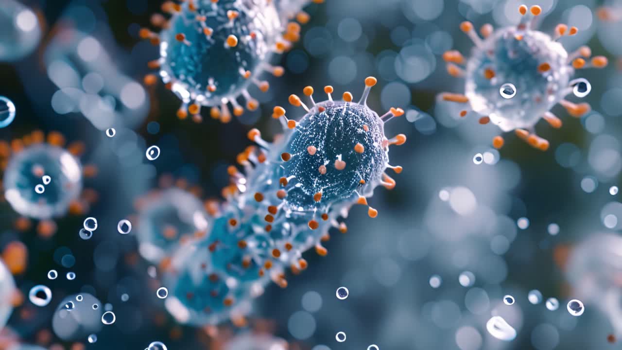 Microscopic representation of viruses or bacteria in a fluid environment