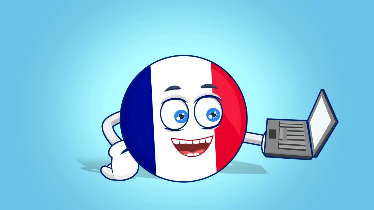 Icona cartone animato Bandiera Francia Lavoro con laptop Animazione facciale con Alpha Matte
