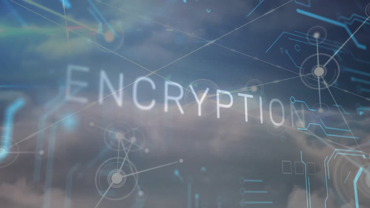 Encryption floating over cloudy sky, showing glowing node icons connecting through thin lines