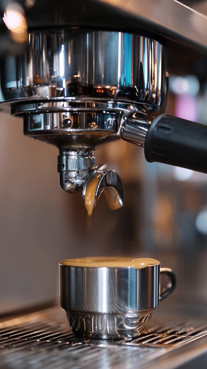 Un primo piano di una macchina da caffè espresso che prepara un caffè perfetto in una tazza d'argento, mostrando il colore ricco e la consistenza del flusso di espresso