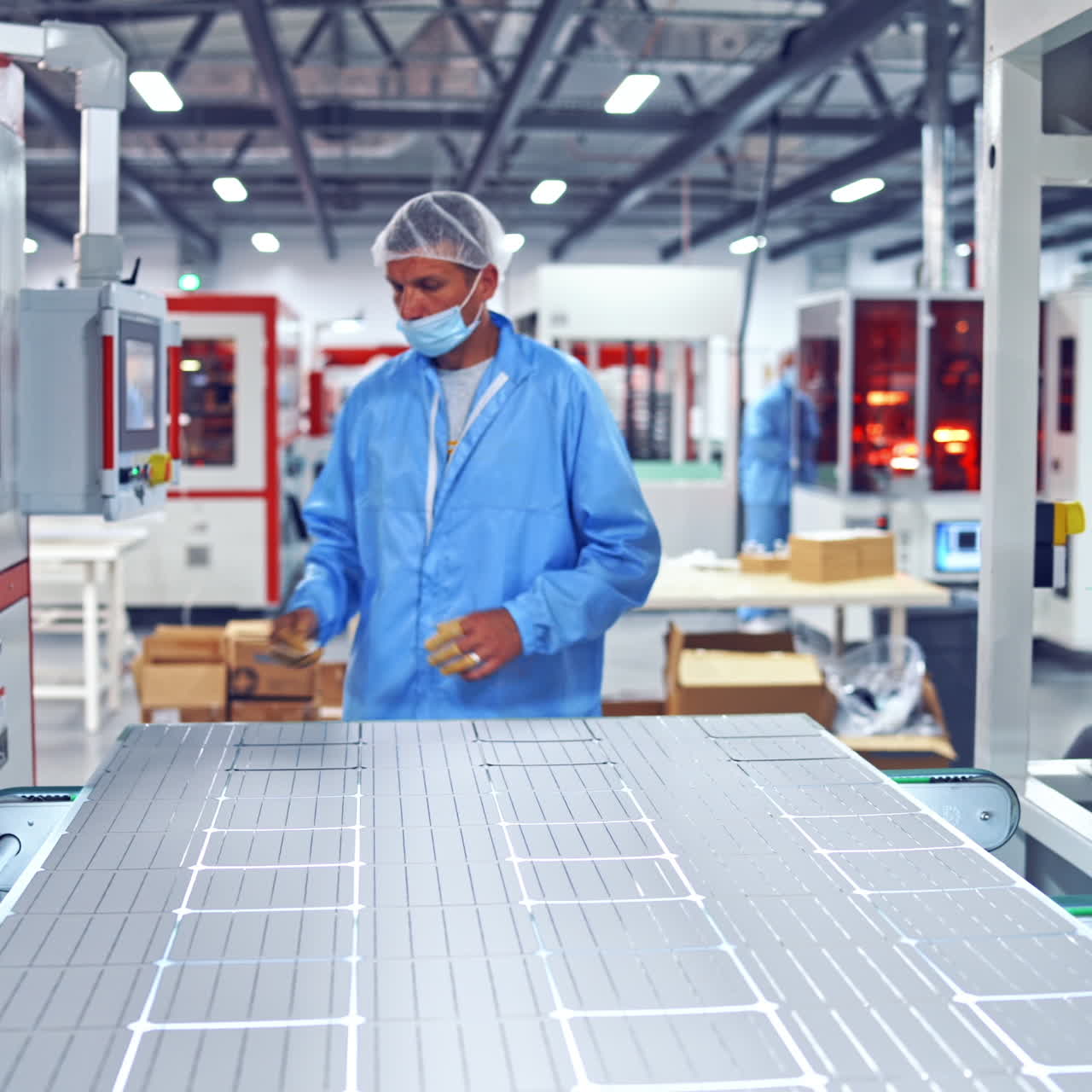 Modern industrial background indoors. Worker in protective uniform presses button on a display monitor on automated factory equipment.
