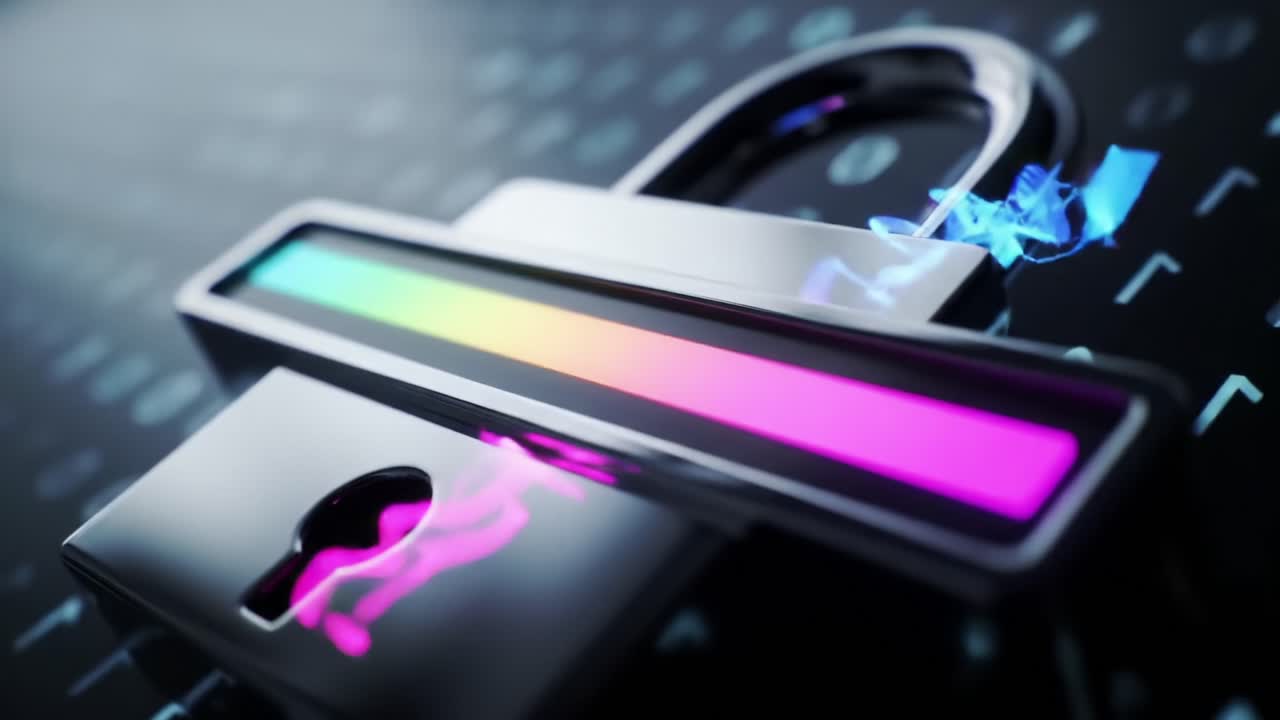 A Futuristic Digital Padlock Designed for Cybersecurity Representation, Featuring Colorful Light Effects Against a Matrix of Binary Code Background