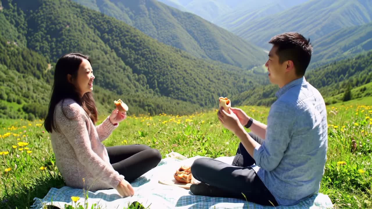 Couple Enjoys Picnic in Scenic Mountain Meadow on Sunny Day