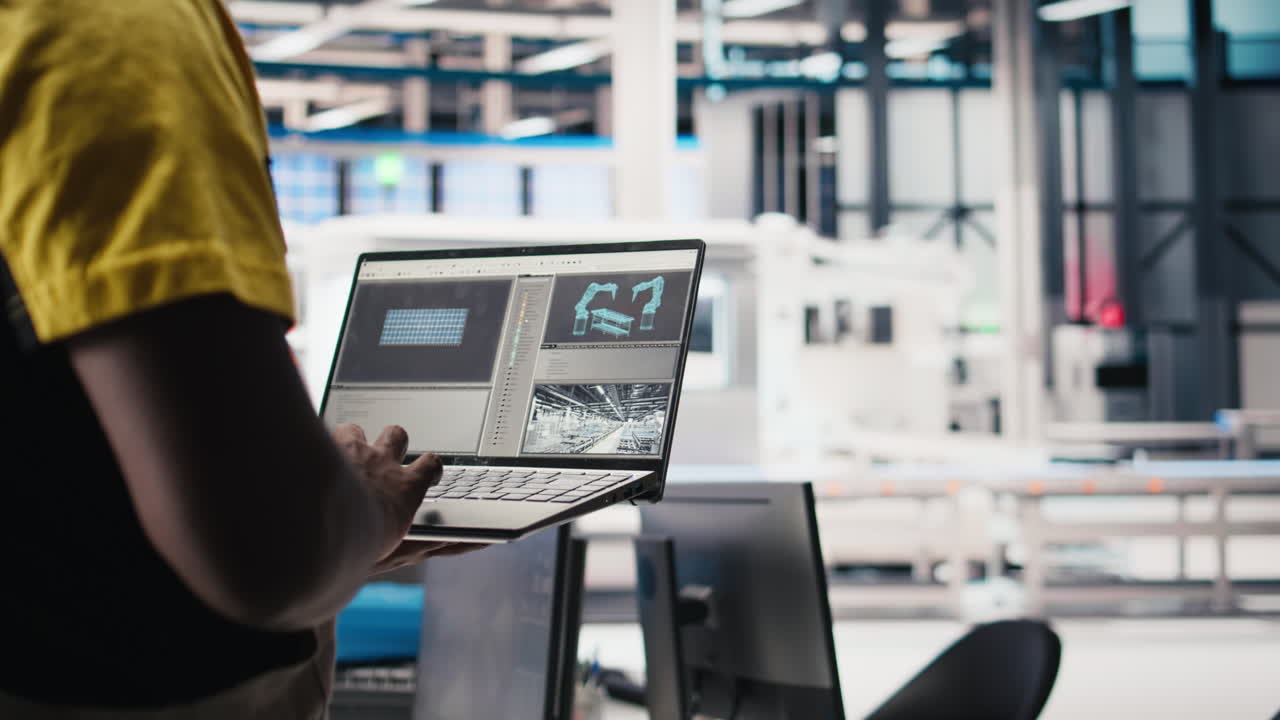 Vertical Video Photovoltaics factory worker uses tablet to improve solar panels manufacturing