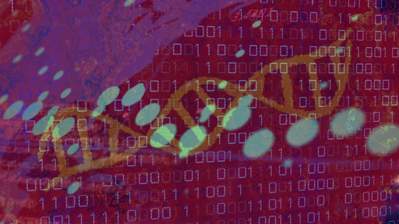 animación de la cadena de adn que gira sobre el procesamiento de datos de codificación binaria