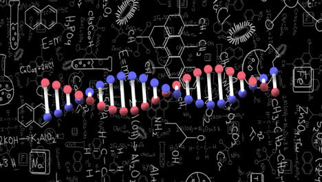 animación de la cadena de adn y los datos científicos sobre un fondo negro.