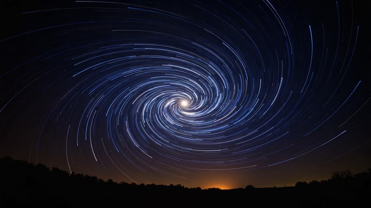 Mesmerizing Spiral Star Trails Captured in a Timelapse, Showcasing the Cosmic Dance Of Celestial Bodies Over A Serene Landscape At Night