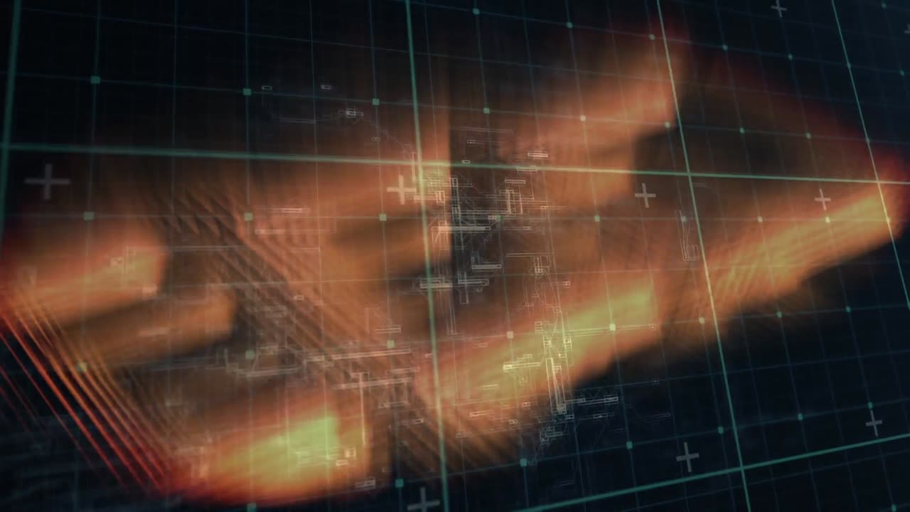 animación de rastros de luz naranja con guantes y procesamiento de datos sobre la cuadrícula