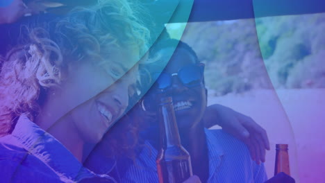 friends drinking outdoors with colorful overlay animation, enjoying time together