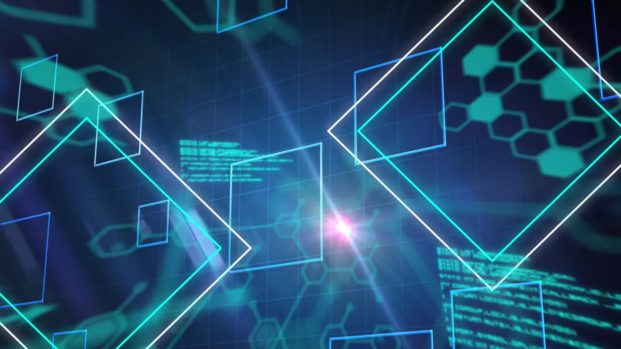 animación del procesamiento de datos con una red de hexágonos y formas geométricas