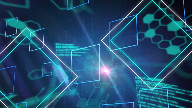 Animation of data processing with network of hexagons and geometric shapes