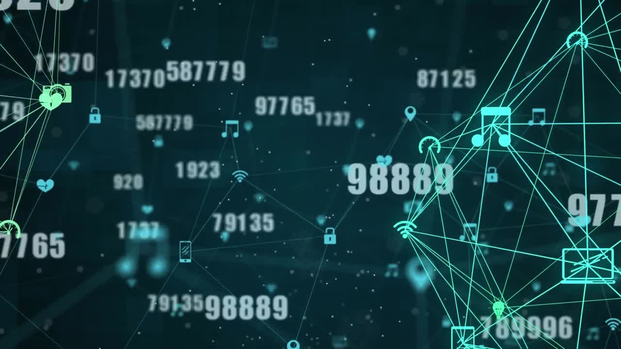 Animation of network of connected media icons and data processing, on black