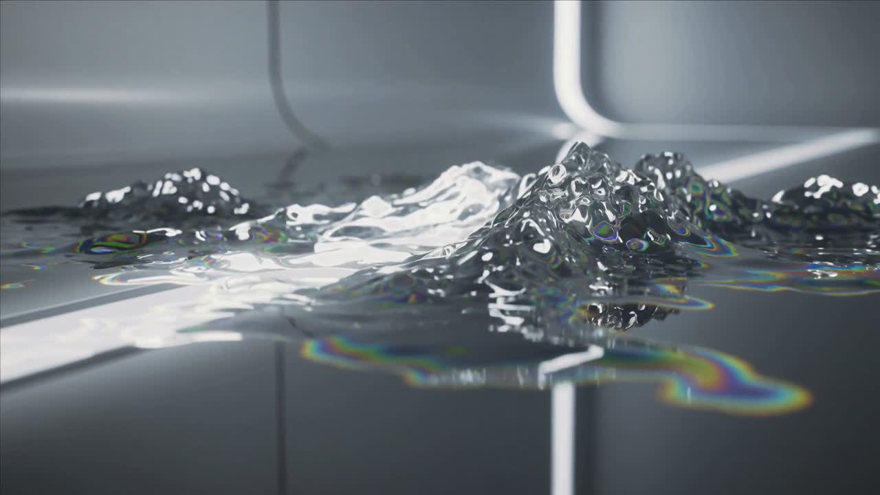 Eine zentrale Welle beginnt, ein Pool bildet Spitzen in einer gekrümmten Kammer mit Lichtstreifen und zeigt Irisieren.
