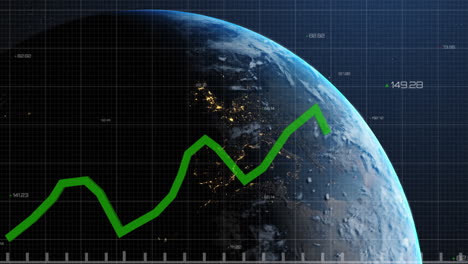 Animation-of-financial-data-processing-with-green-line-over-globe