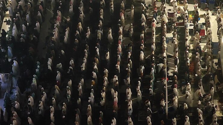 Large Group of Muslim Men Praying in Unison