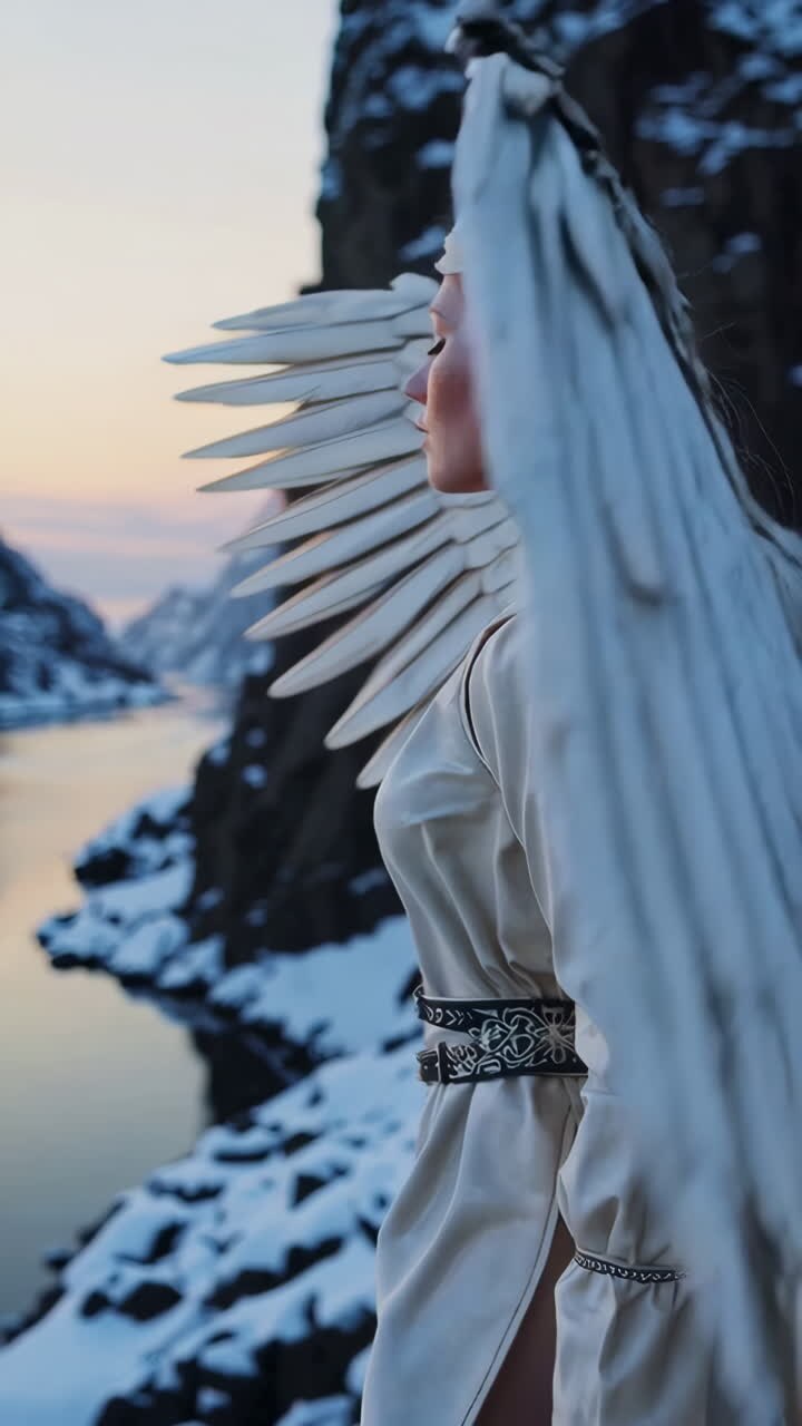 Una donna alata in un paesaggio invernale