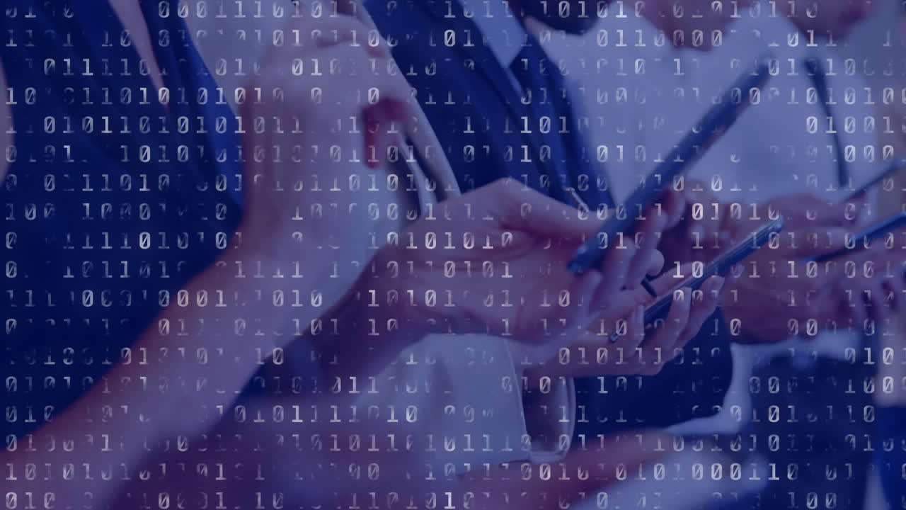 Animation of data processing over diverse male and female colleagues using smartphones in office