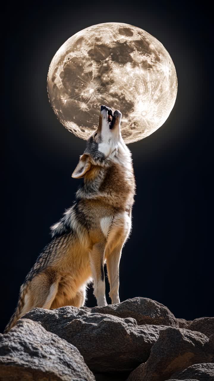 A wolf howling at the full moon, captured from a low-angle