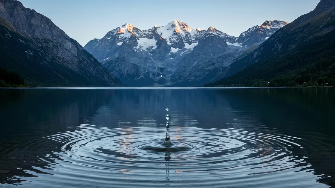 The tranquil surface of the lake captures the beauty of majestic mountain peaks, their reflections dancing in the rippling water at dawn