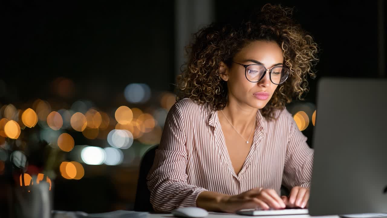 Focused Woman Working Late at Night on Laptop with City Lights in Background, Showcasing Determination and Productivity in a Modern Workspace