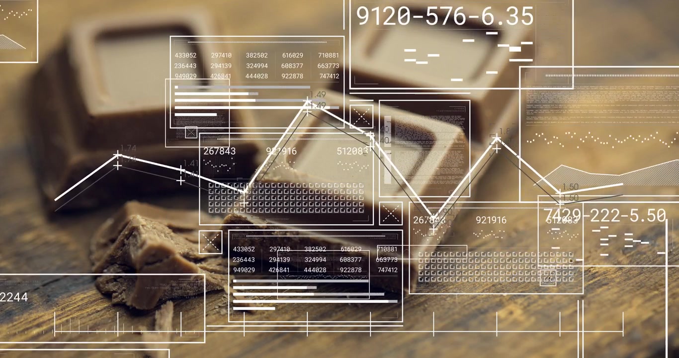 Data feed activating, graphics analyzing chocolate pieces, readouts filling to visualize quality